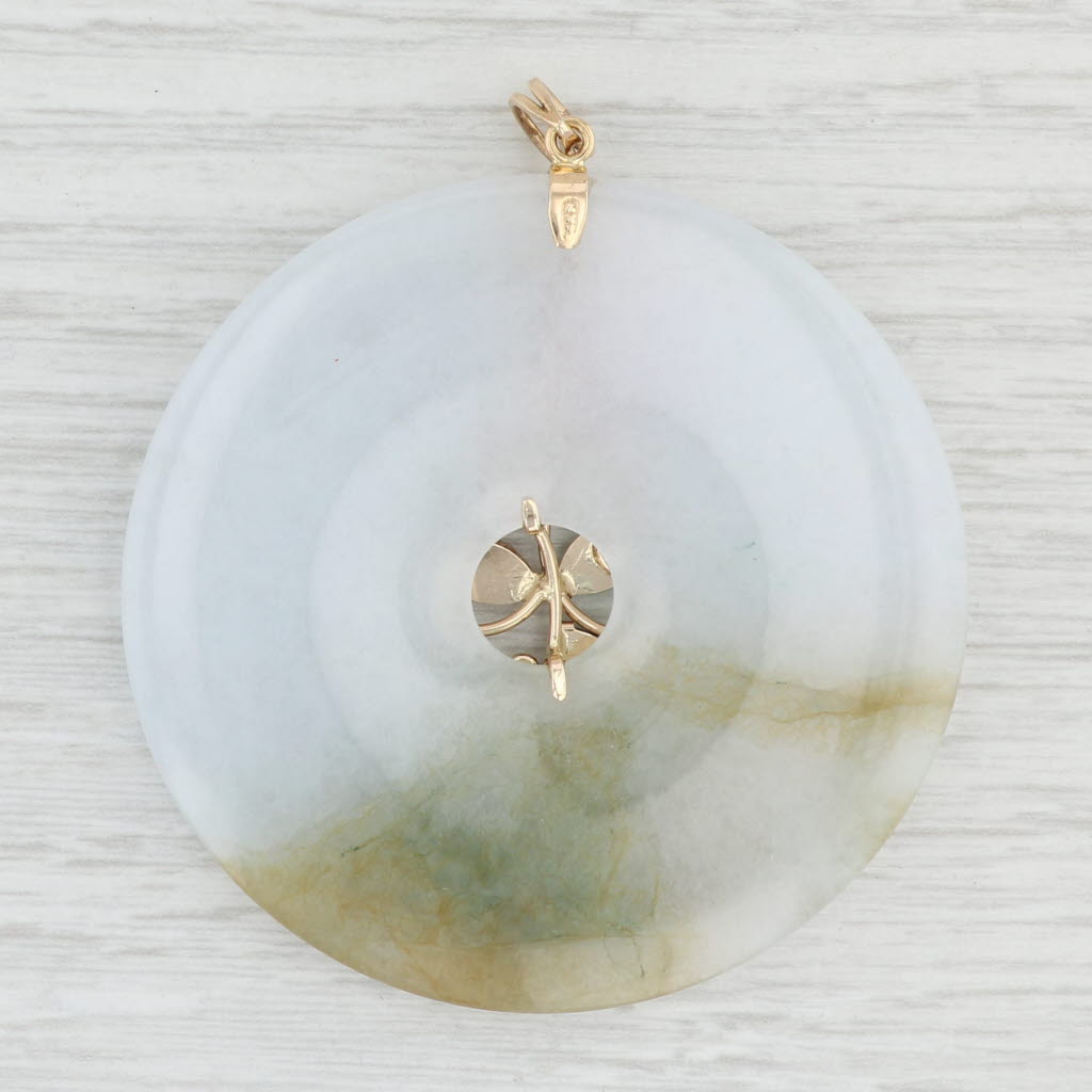 Light Gray Multi-Color Jadeite Jade Disc Pendant 14k Yellow Gold Statement