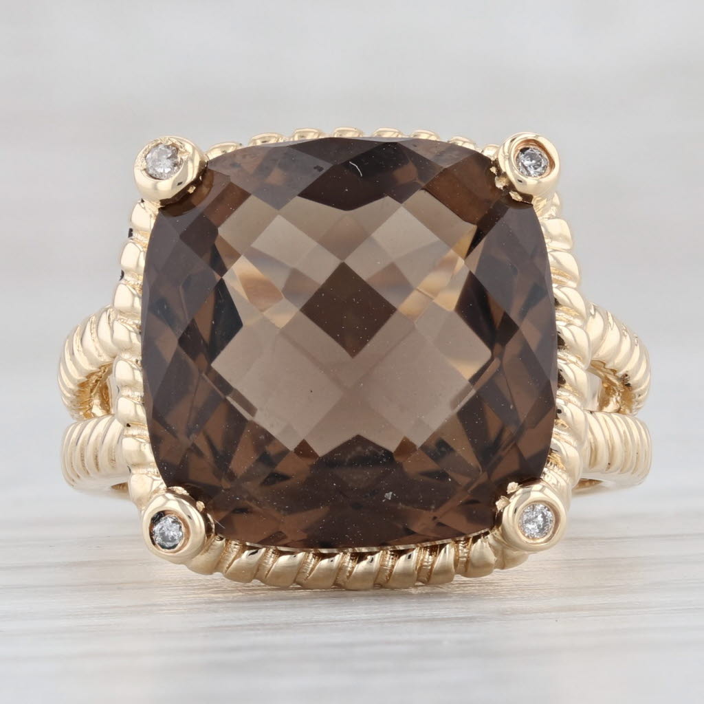 Light Gray Effy Smoky Quartz Diamond Ring 14k Gold Size 7.25 Cocktail Cushion Solitaire