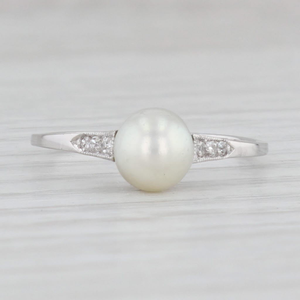 Light Gray Antique Saltwater Cultured Pearl Diamond Ring Platinum Size 7.25-7.5 Engagement