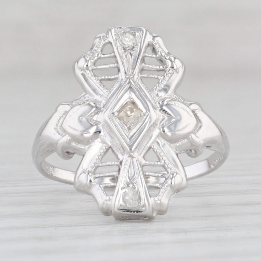 Light Gray Art Deco Diamond Ring 14k White Gold Size 5.75 Filigree Openwork