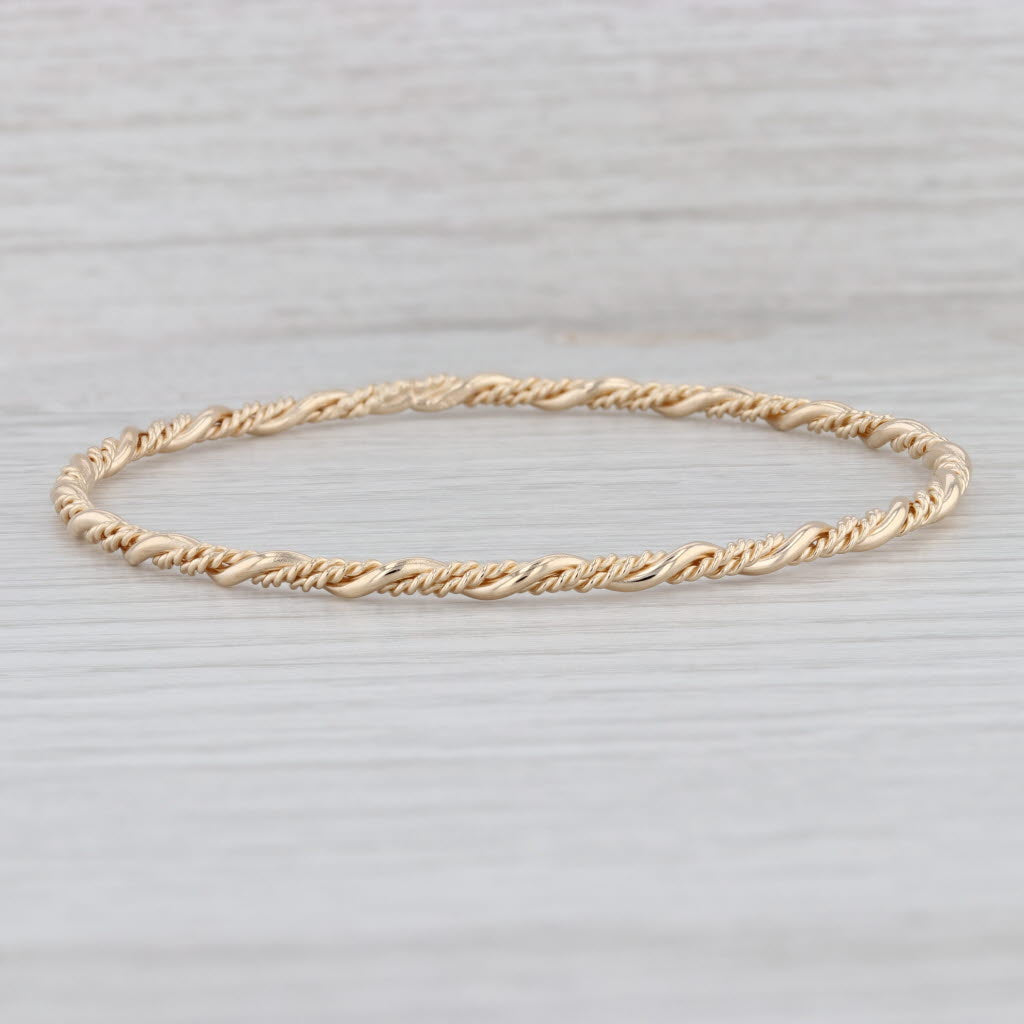 Light Gray Woven Bangle Bracelet 14k Yellow Gold 7.5" 3mm Stackable