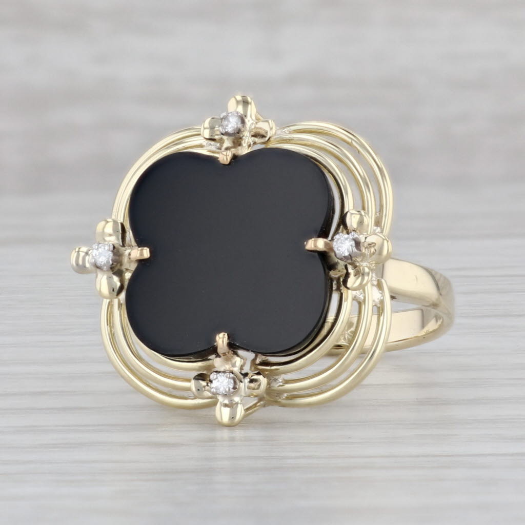 Gray Quatrefoil Onyx Diamond Ring 14k Yellow Gold Size 8.5 Cocktail