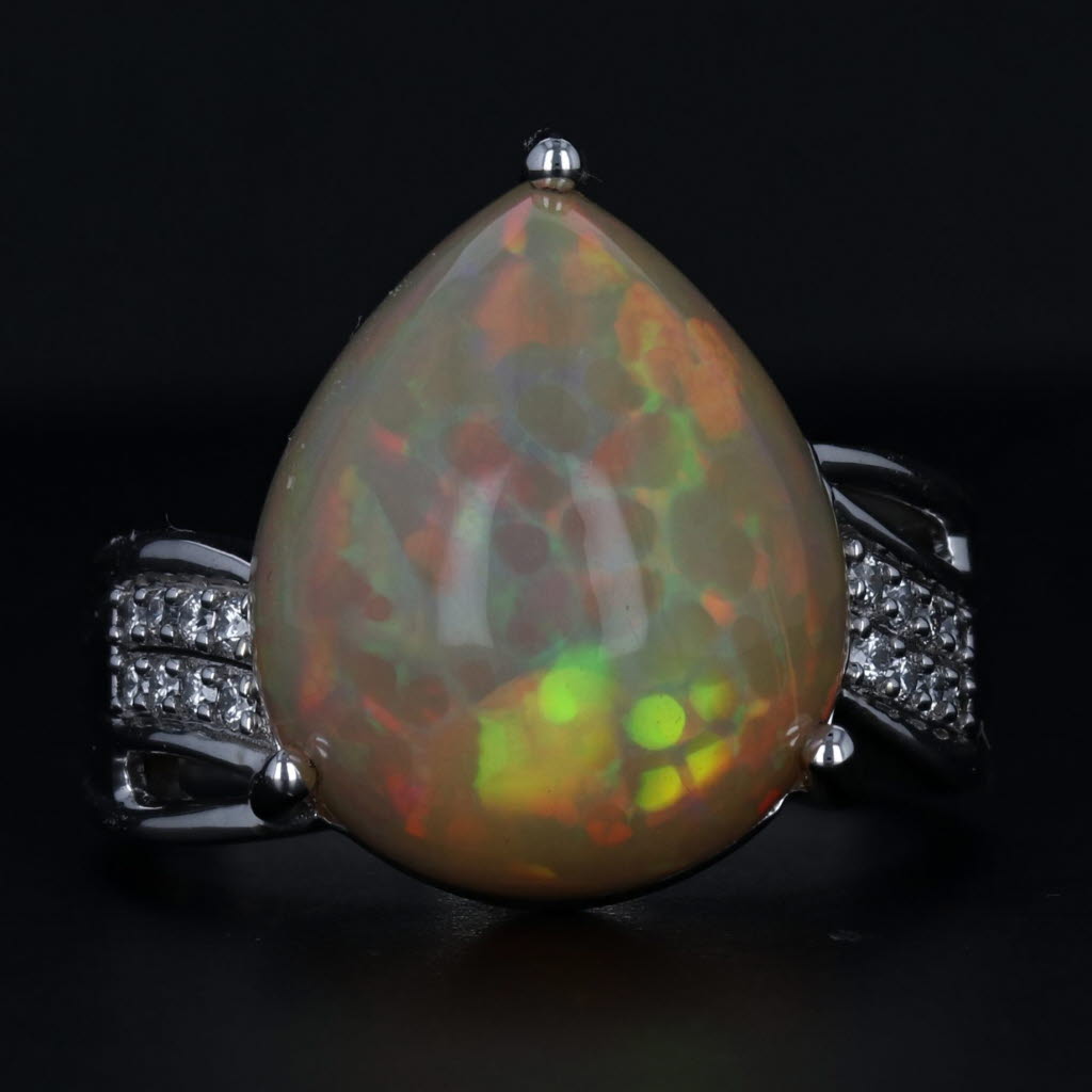 Black New Lance Fischer Welo Opal Diamond Ring 14k White Gold Sz 7 Pear Cabochon