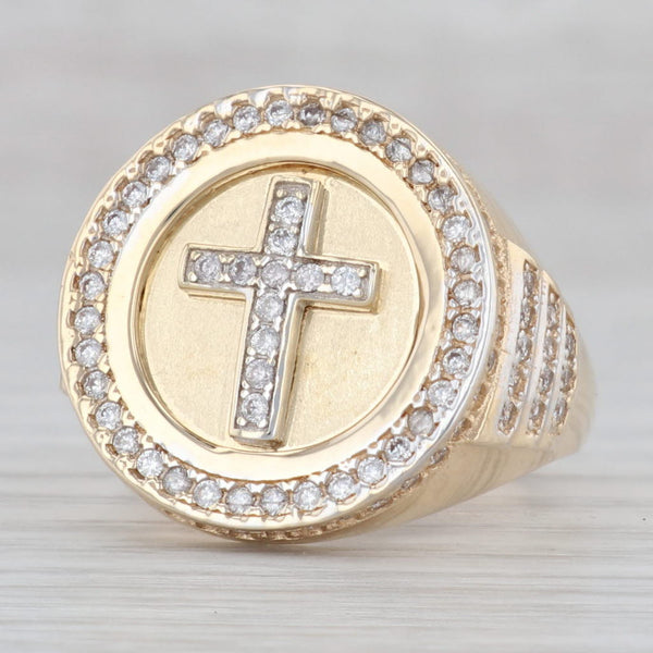 Light Gray 0.65ctw Cubic Zirconia Cross Signet Ring 10k Yellow Gold Size 11.25 Religious