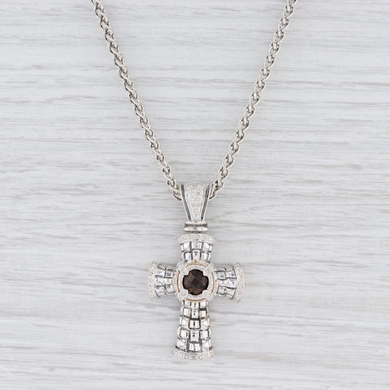 New Ornate 1.81ctw Smoky Quartz & Diamond Cross Necklace 18" Sterling 14k Gold