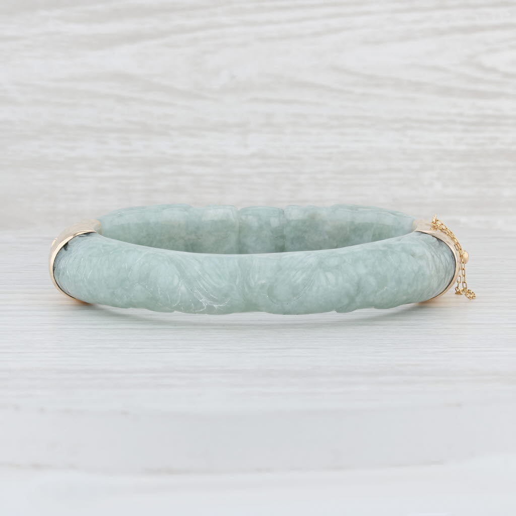 Light Gray Carved Jade Dragon Bangle Bracelet 14k Gold Green Jadeite 7" Asian Statement