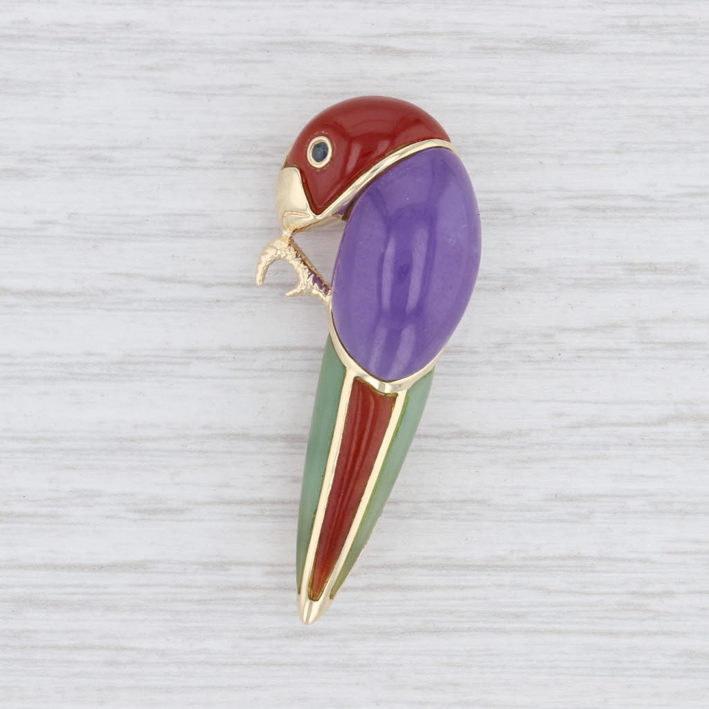 Light Gray Gemstone Mosaic Parrot Brooch 14k Yellow Gold Bird Pin Sapphire Jadeite Jade