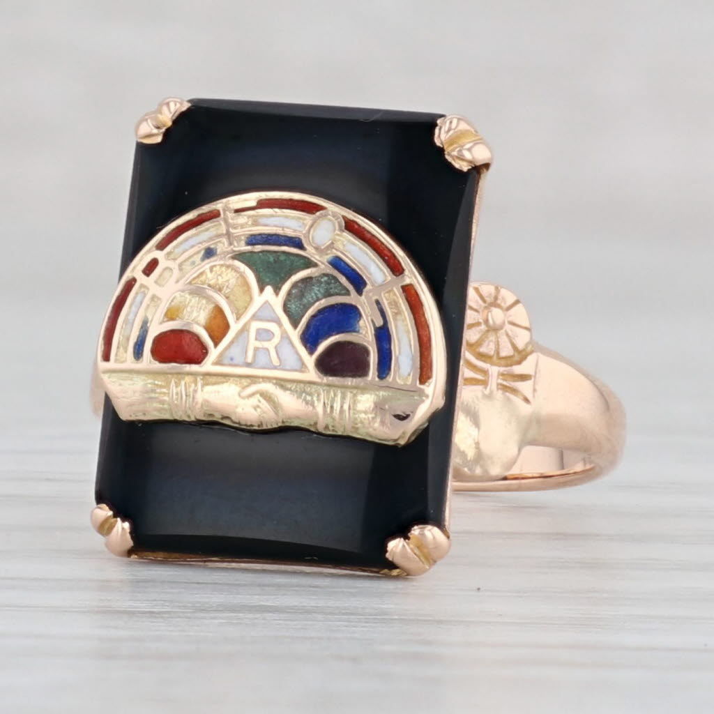 Light Gray Vintage Onyx Rainbow Girls Signet Ring 10k Yellow Gold Size 6.5 Masonic Youth