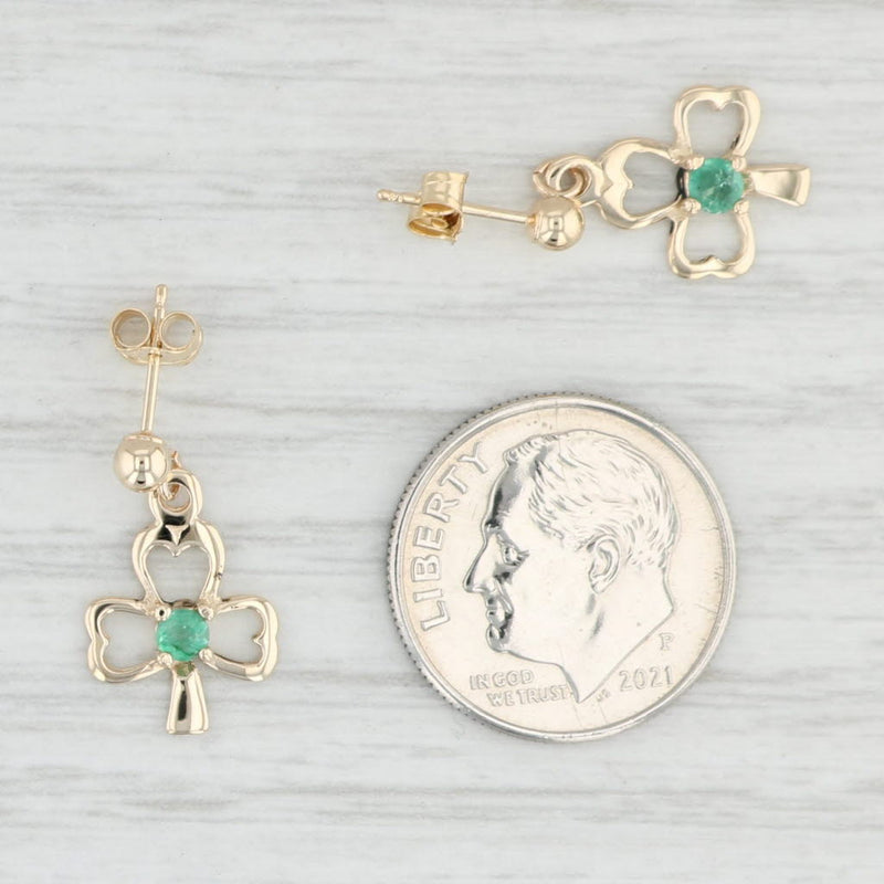 0.15ctw Emerald Clover Dangle Earrings 14k Yellow Gold Pierced Drops