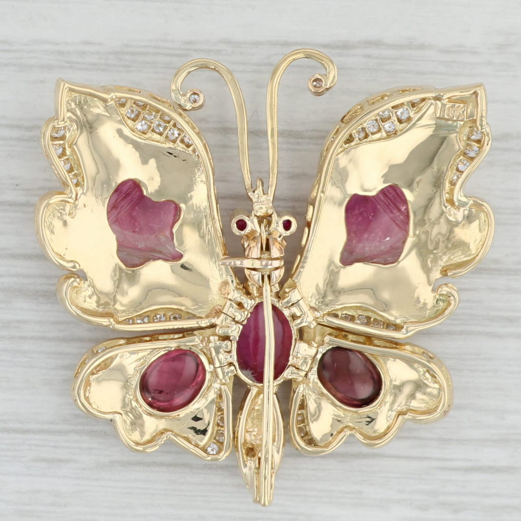 Gray Vintage Butterfly Brooch with Moving Wings Tourmaline Ruby Diamond 18k Gold