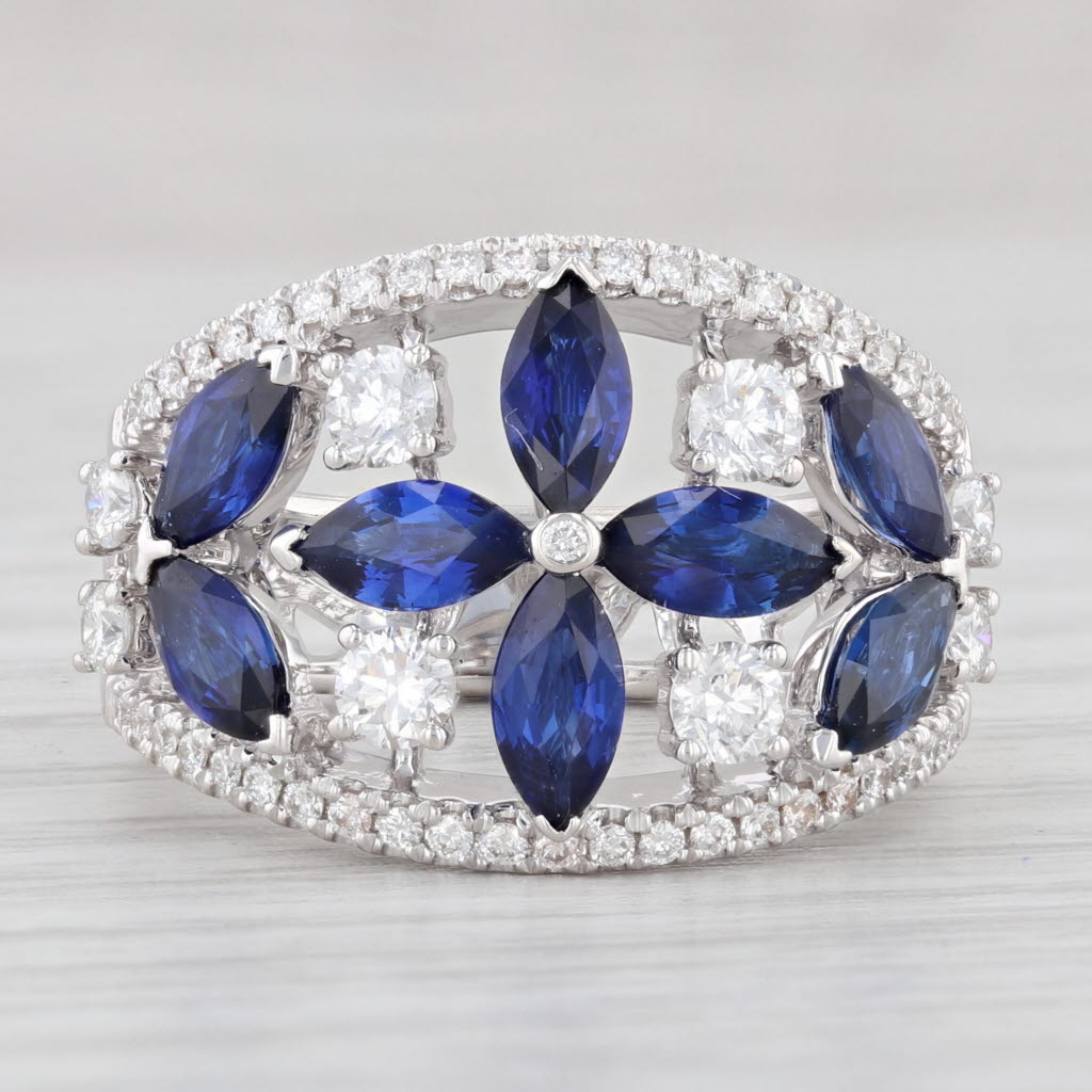 Light Gray Diadori 3.27ctw Sapphire Diamond Flower Ring 18k White Gold Size 5.5 Cocktail