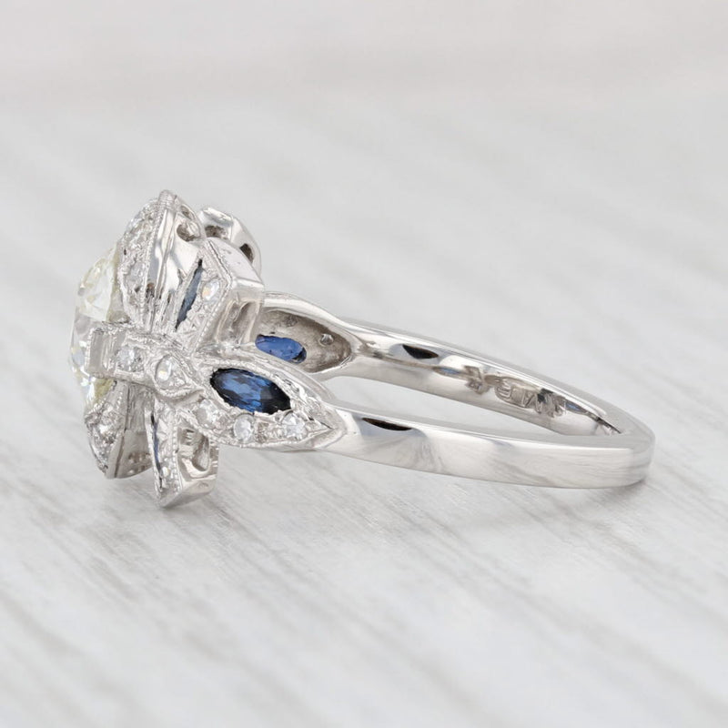Art Deco 1.47ctw Diamond Sapphire Ring Platinum Size 6.75 Engagement