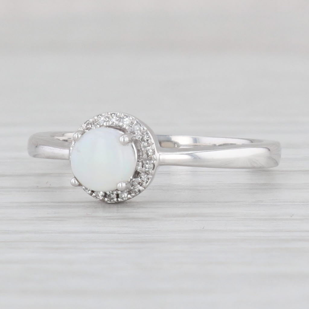 Light Gray Opal Diamond Halo Ring 10k White Gold Round Engagement October Birthstone 7.25