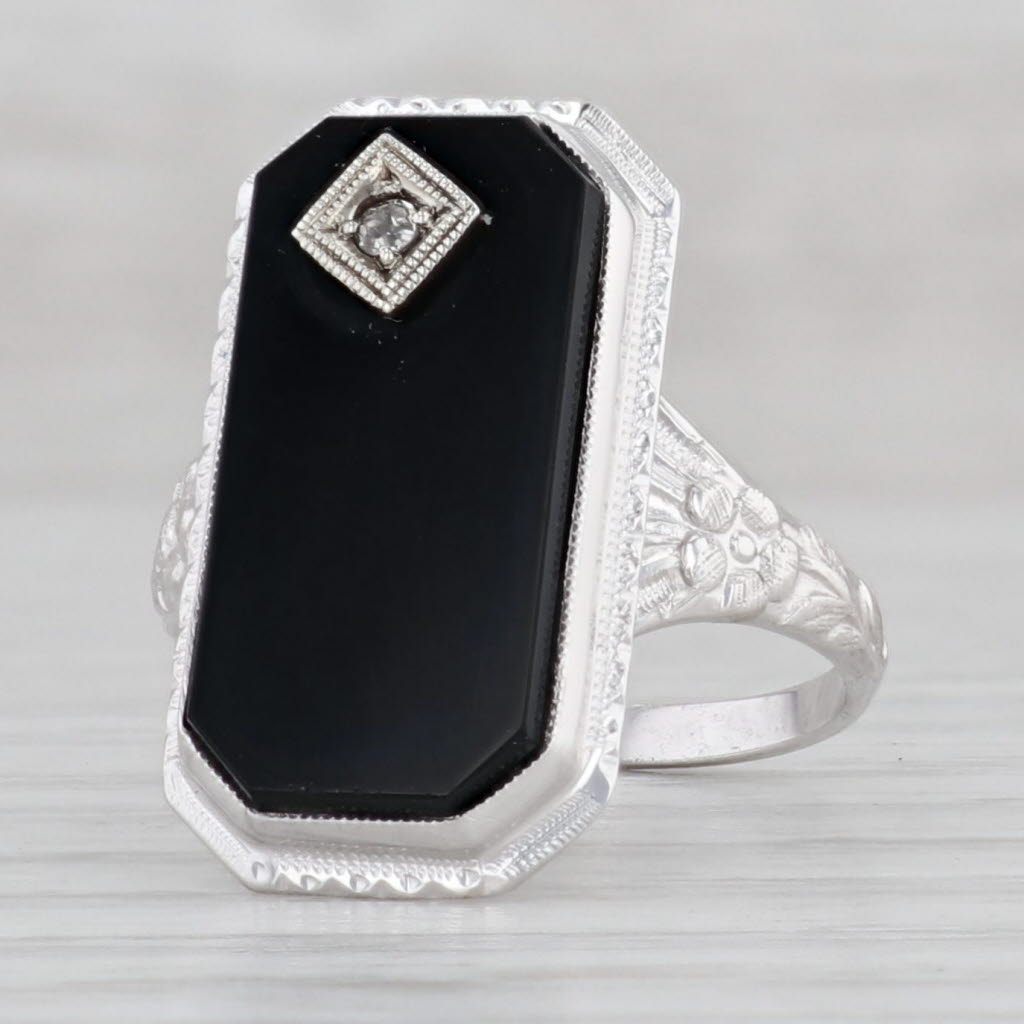 Light Gray Vintage Onyx Diamond Ring 14k White Gold Floral Signet Size 5.75