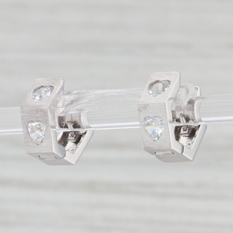 Cubic Zirconia Beveled Hoop Huggie Earrings 14k White Gold Hinged Snap Top Hoops