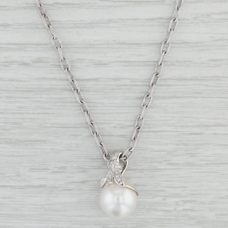 Light Gray 0.15ctw Diamond Cultured Pearl Pendant Necklace 18k White Gold 15.5" Cable Chain