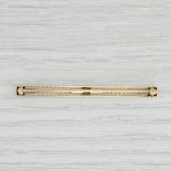 Light Gray Vintage Green Tourmaline Seed Pearl Filigree Bar Pin 14k Yellow Gold Brooch