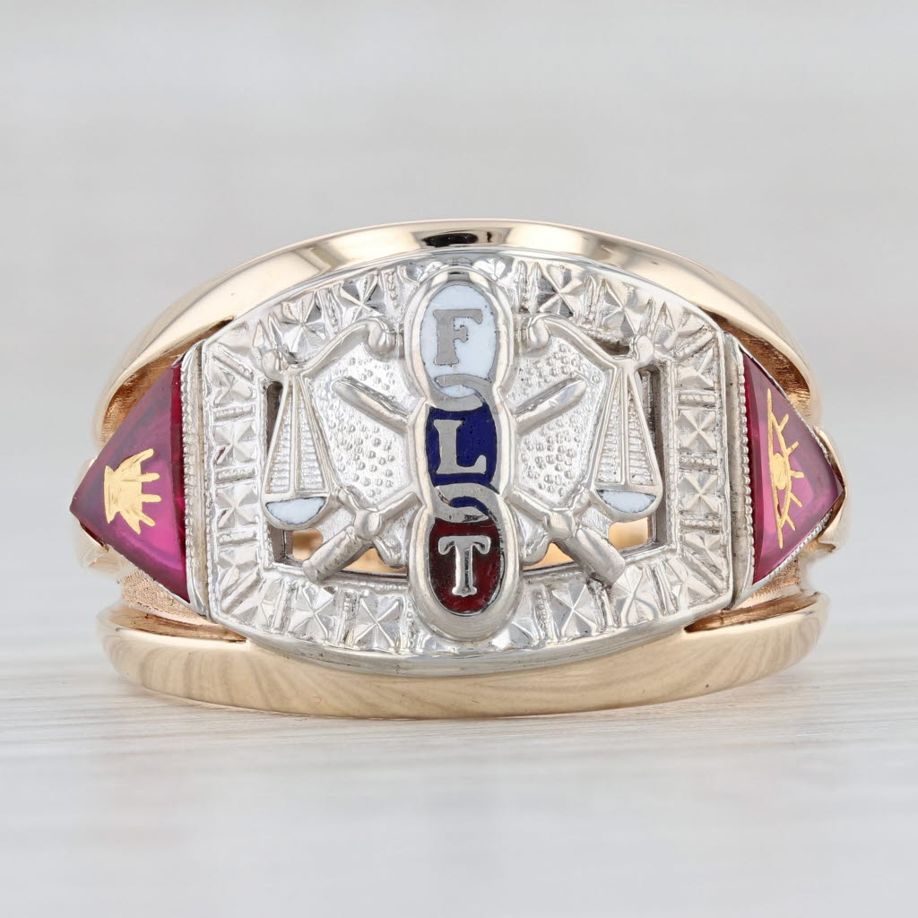 Light Gray Odd Fellows Ring 10k Gold Lab Created Rubies FLT 3-Rings Signet Size 10.75