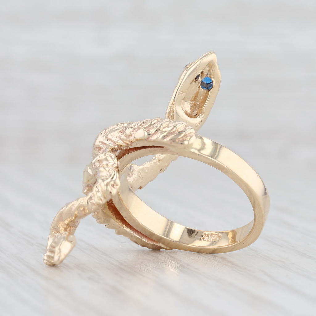 Light Gray Synthetic Spinel Snake Ring 14k Yellow Gold Size 6 Serpent Statement