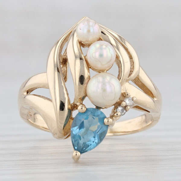 Light Gray Topaz Cultured Pearl Diamond Cocktail Ring 14k Yellow Gold Size 8