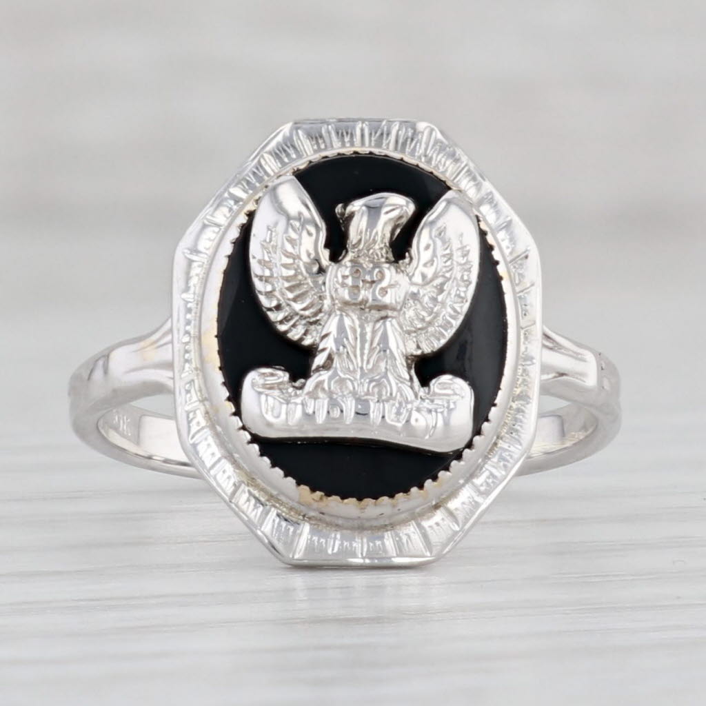 Light Gray Vintage Onyx Eagle Signet Ring 10k White Gold Fraternal Military Size 7