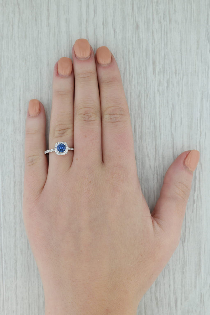 New 0.95ctw Blue Sapphire Diamond Halo Ring 14k White Gold Engagement Size 6.75
