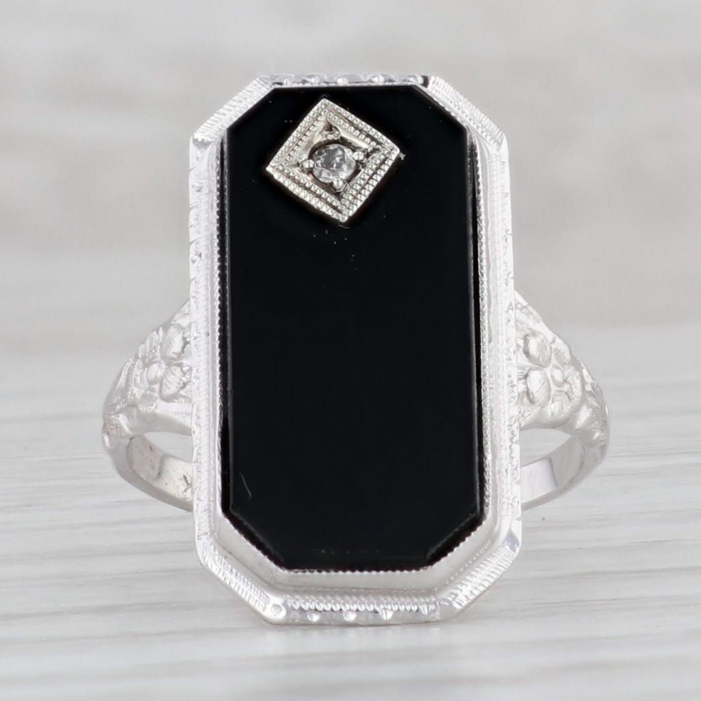 Light Gray Vintage Onyx Diamond Ring 14k White Gold Floral Signet Size 5.75