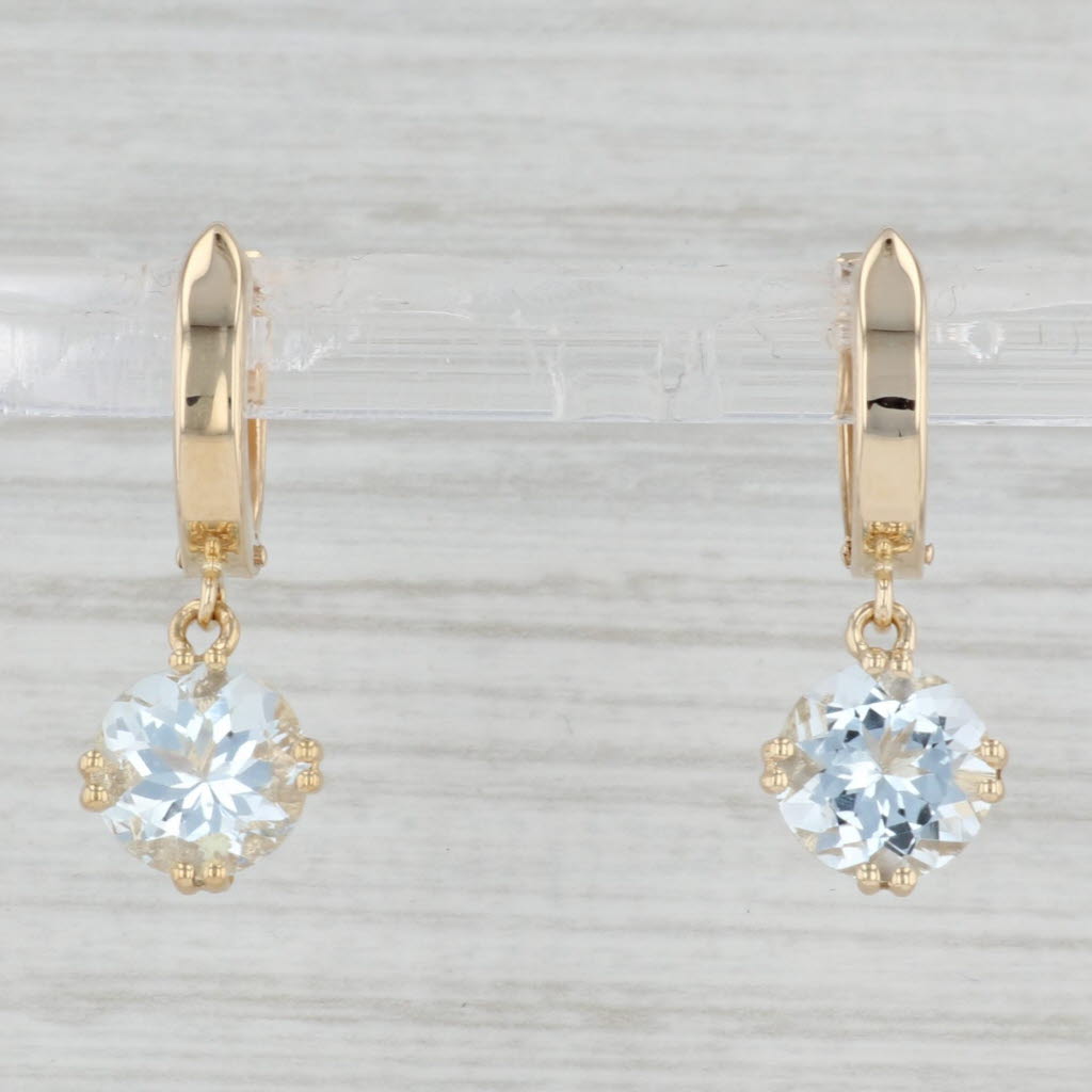 Light Gray 3.60ctw Round Aquamarine Dangle Hoops Earrings 14k Yellow Gold March Birthstone