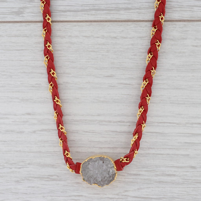 New Nina Nguyen Cordelia Necklace White Druzy Woven Red Leather Gold Vermeil