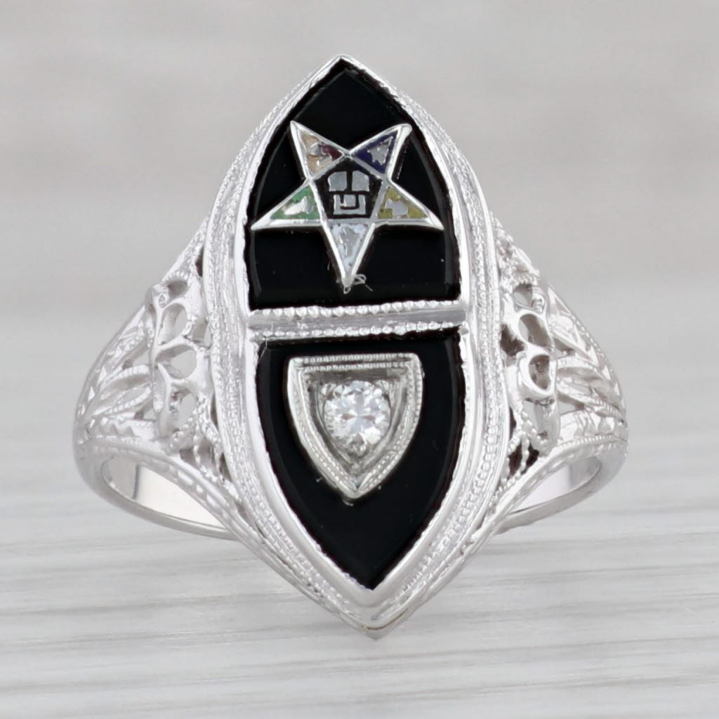 Gray Vintage Order Eastern Star Ring 14k White Gold Onyx Diamond Size 4 Masonic OES