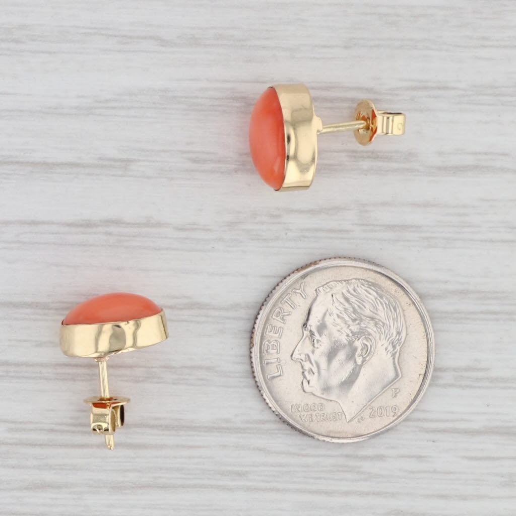 Light Gray Oval Coral Cabochon Stud Earrings 18k Yellow Gold