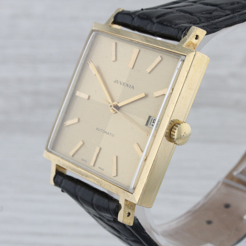 Vintage Juvenia 18k Solid Yellow Gold Mens Automatic Square Watch Quadrant  Dial