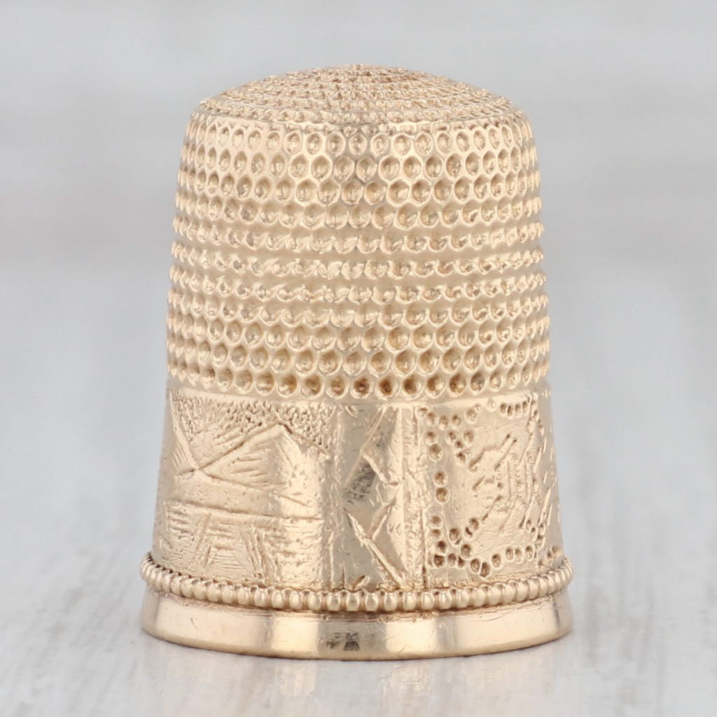 Gray Antique Simons Bros Mountain Scene Thimble 14k Yellow Gold Engraved Sewing