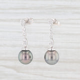 Light Gray Cultured Black Pearl Diamond Dangle Earrings 14k White Gold Pierced Drops