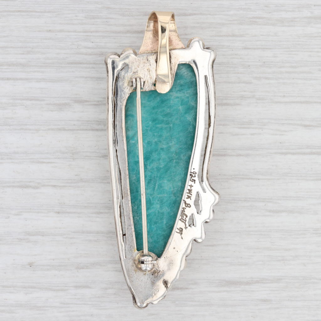 Light Gray Green Amazonite Pendant Brooch Sterling Silver 14k Gold Burkett Statement