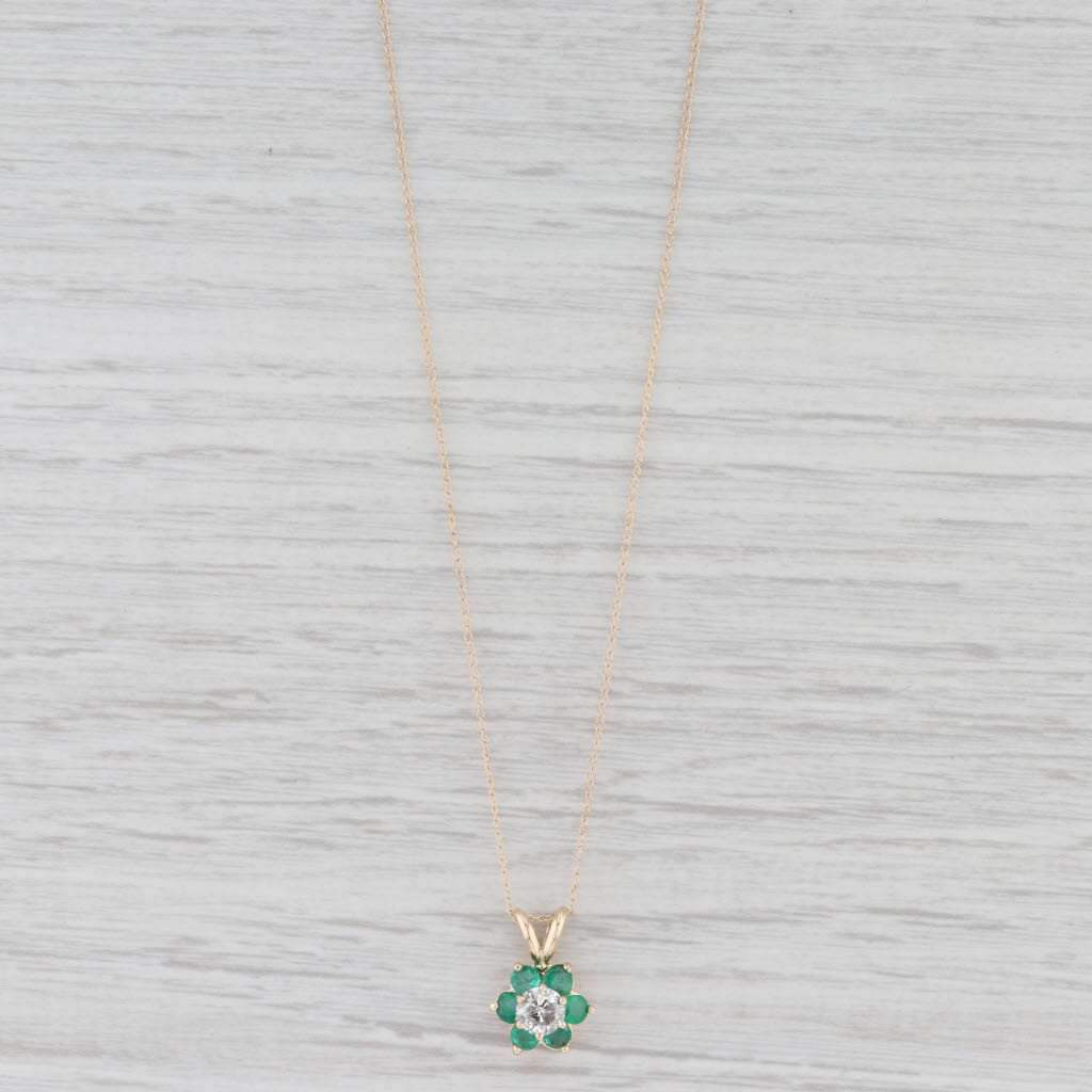 Light Gray 1.06ctw Emerald Diamond Flower Pendant Necklace 14k Yellow Gold 16" Curb Chain