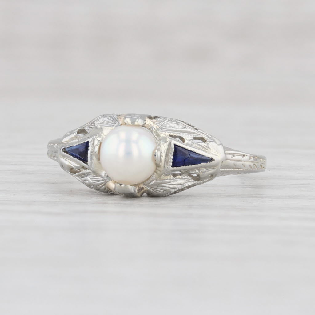 Light Gray Art Deco Cultured Pearl Lab Created Sapphire Ring 18k White Gold Size 7.75