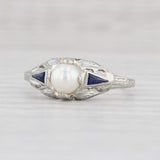 Art Deco Cultured Pearl Lab Created Sapphire Ring 18k White Gold Size 7.75
