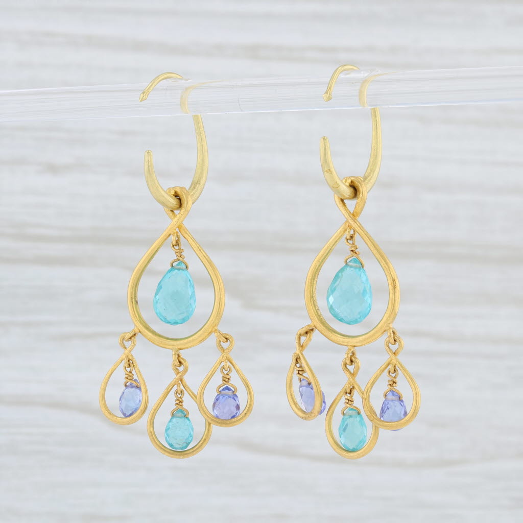 Light Gray Marie Helene de Taillac Blue Apatite Tanzanite Briolette Earrings 22k Gold