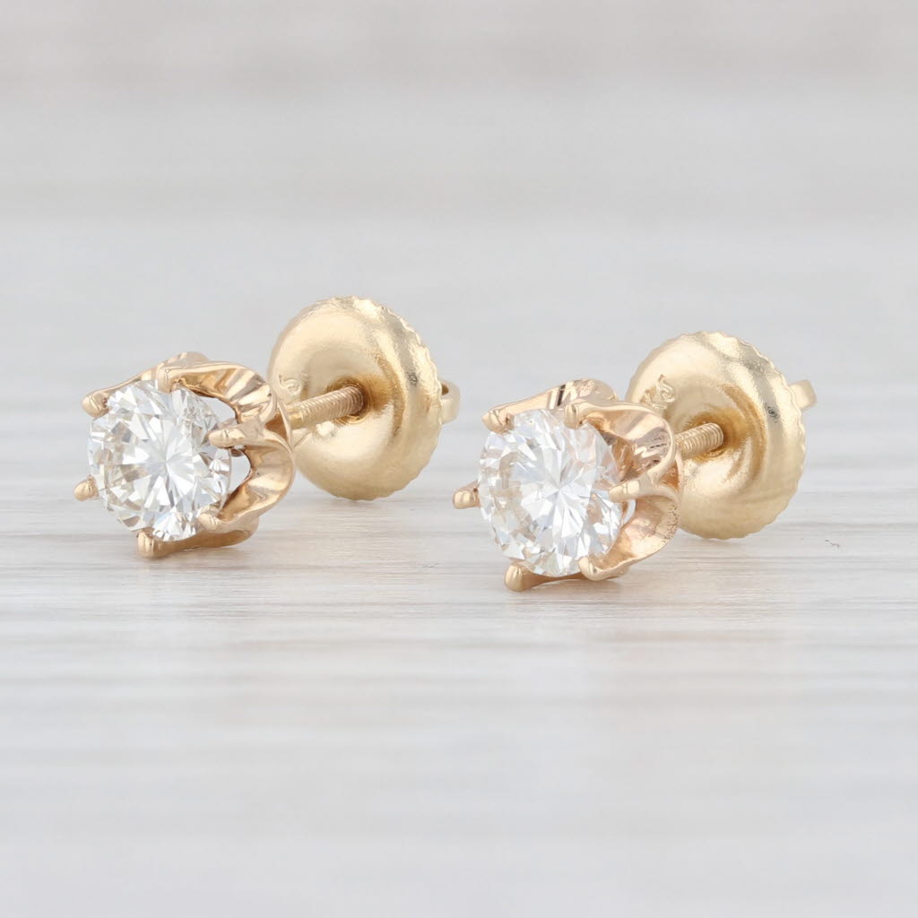 Light Gray Vintage 0.88ctw Diamond Buttercup Stud Earrings 14k Gold Round Solitaire Studs