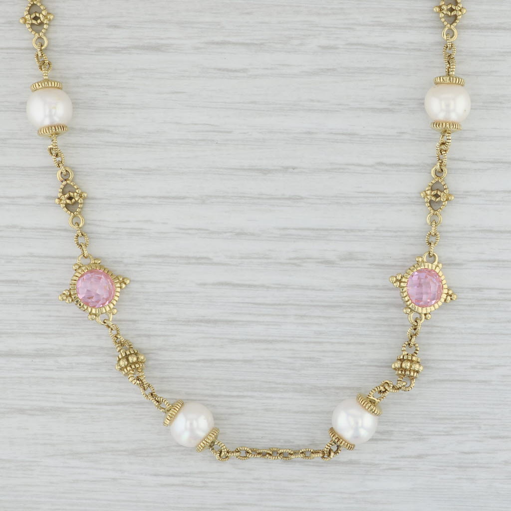 Light Gray Judith Ripka Pink Topaz Pearl Station Necklace 18k Yellow Gold Cable Chain 16.5"