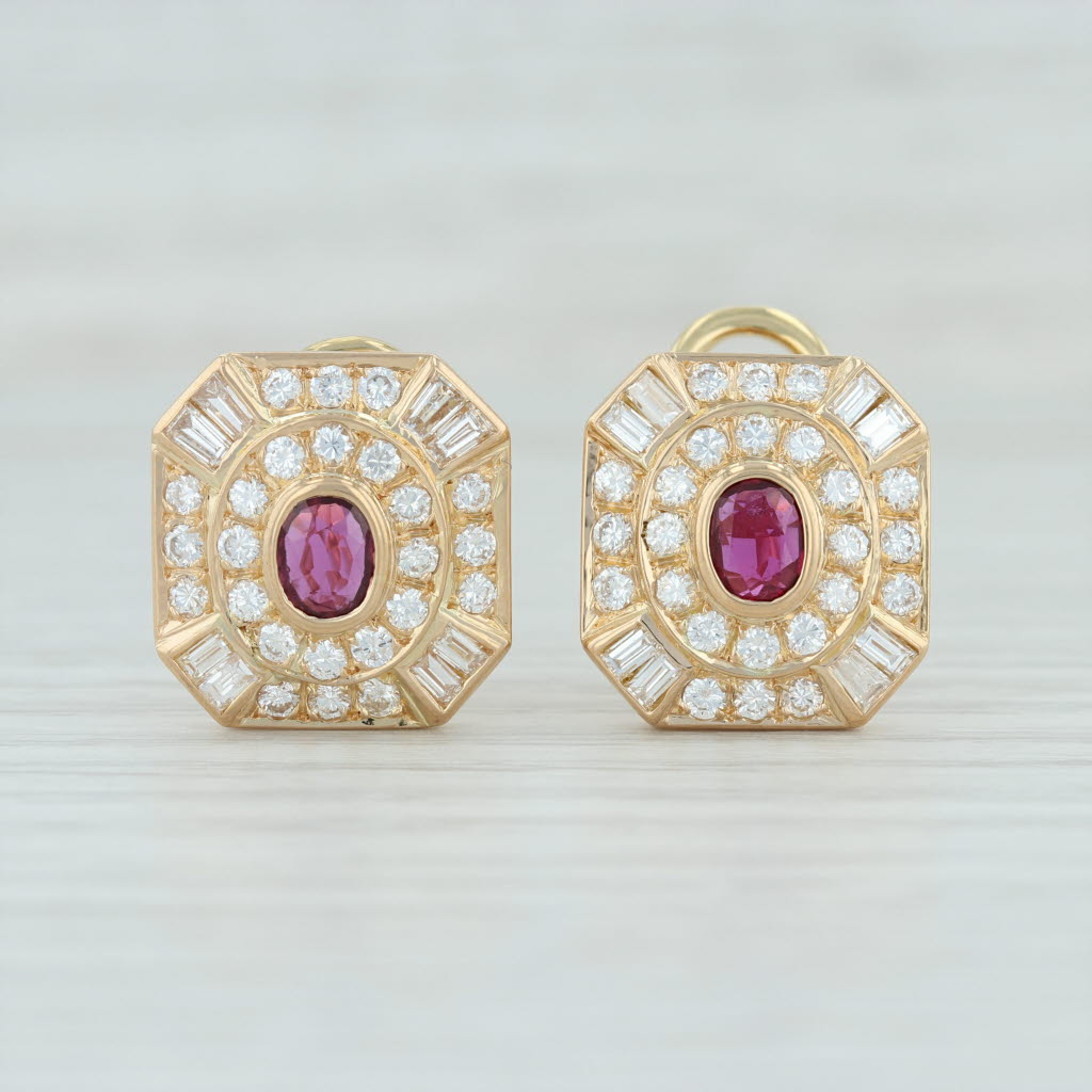 Light Gray 2.30ctw Ruby Diamond Halo Earrings 14k Yellow Gold Pierced Omega Backs