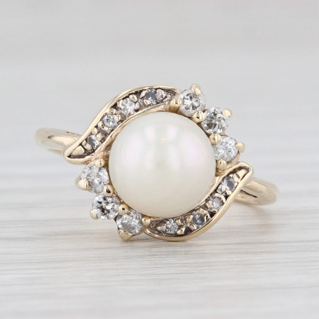 Light Gray Saltwater Cultured Pearl Diamond Ring 14k Yellow Gold Size 6.5 Bypass