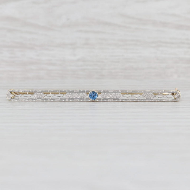 Light Gray Art Deco Lab Created Sapphire Filigree Pin 10k Gold Platinum Bar Brooch