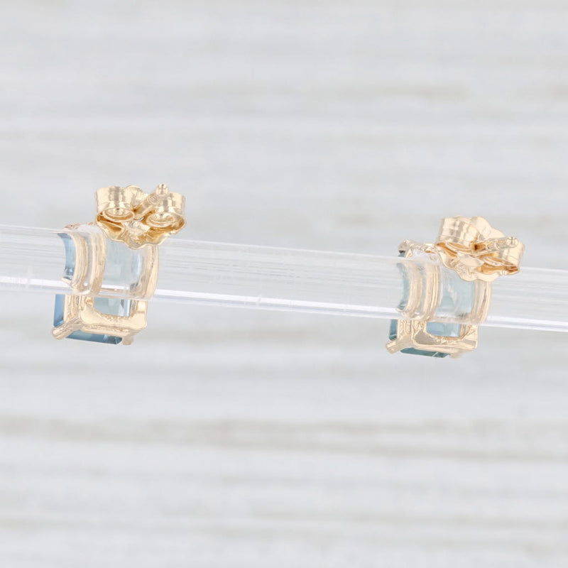 Light Gray New Blue Sapphire Stud Earrings 14k Yellow Gold Emerald Cut Solitaire