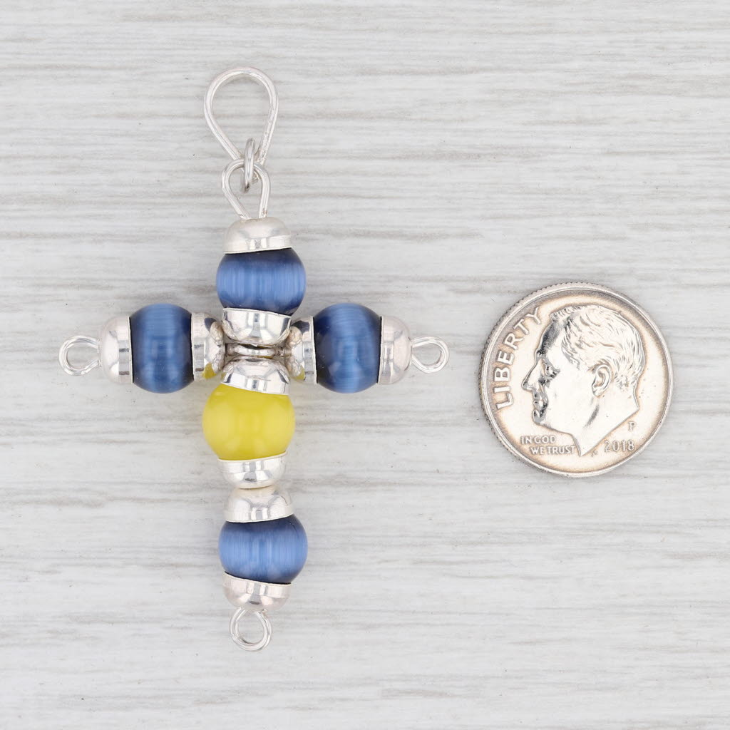 Light Gray New Yellow Blue Glass Bead Cross Pendant Sterling Silver Statement B12819