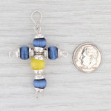 New Yellow Blue Glass Bead Cross Pendant Sterling Silver Statement B12819