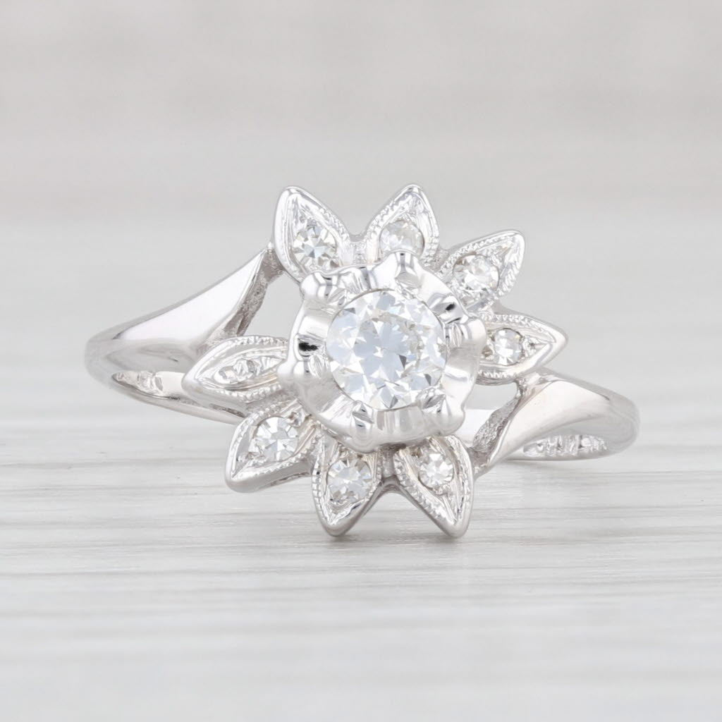 Light Gray Vintage 0.26ctw VS2 Diamond Engagement Ring 14k 10k White Gold Floral Size 6.25