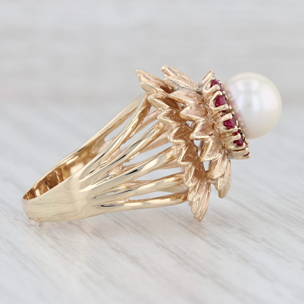 Light Gray Cultured Pearl Lab Created Ruby Flower Cocktail Ring 14k Yellow Gold Size 8.25