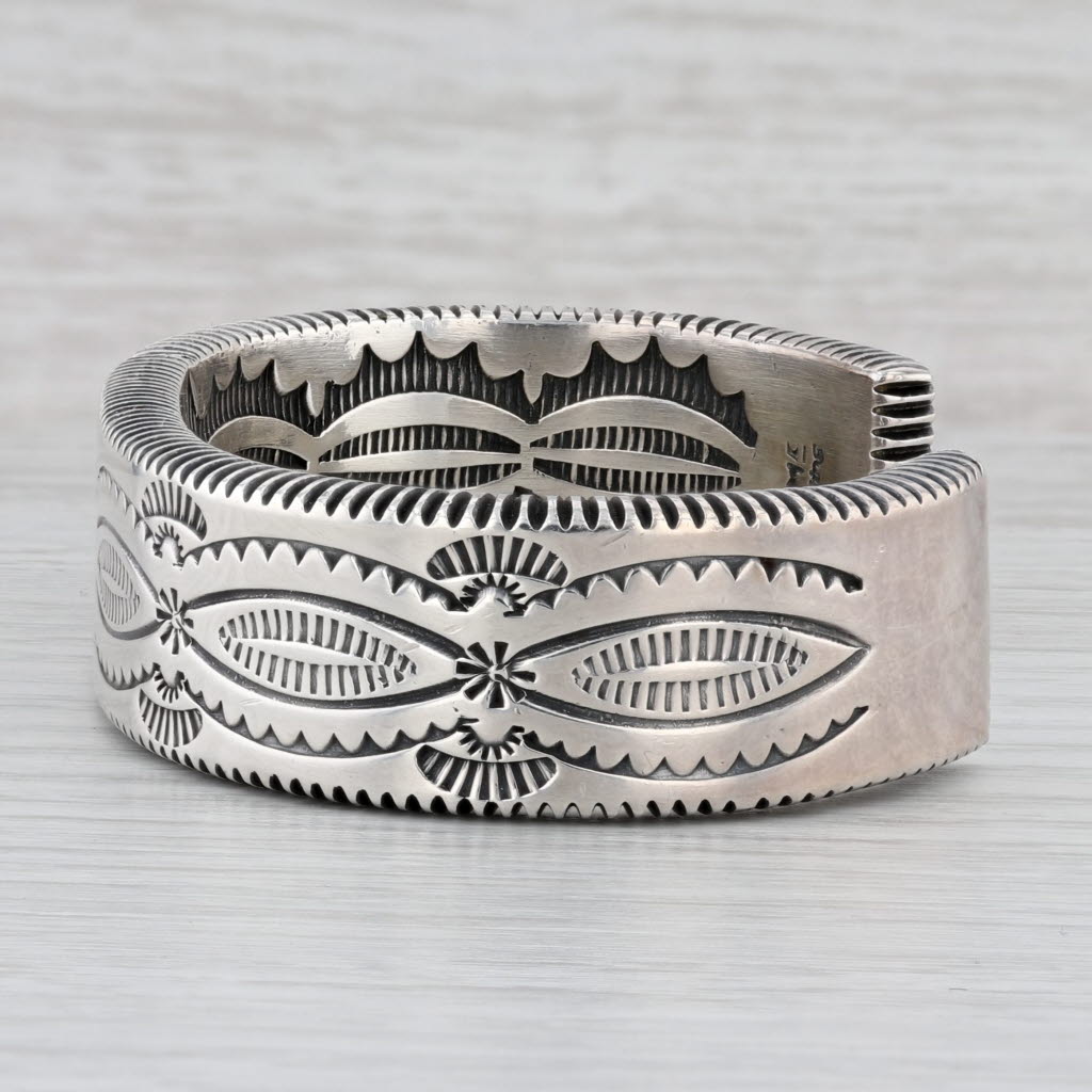 Light Gray Native American Stamped Pattern Cuff Bracelet Sterling Silver Alice McShirley